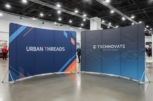 Velcro fabric pop up displays at trade show showing curved retail brand backdrop and straight tech company backdrop with accordion hardware frames