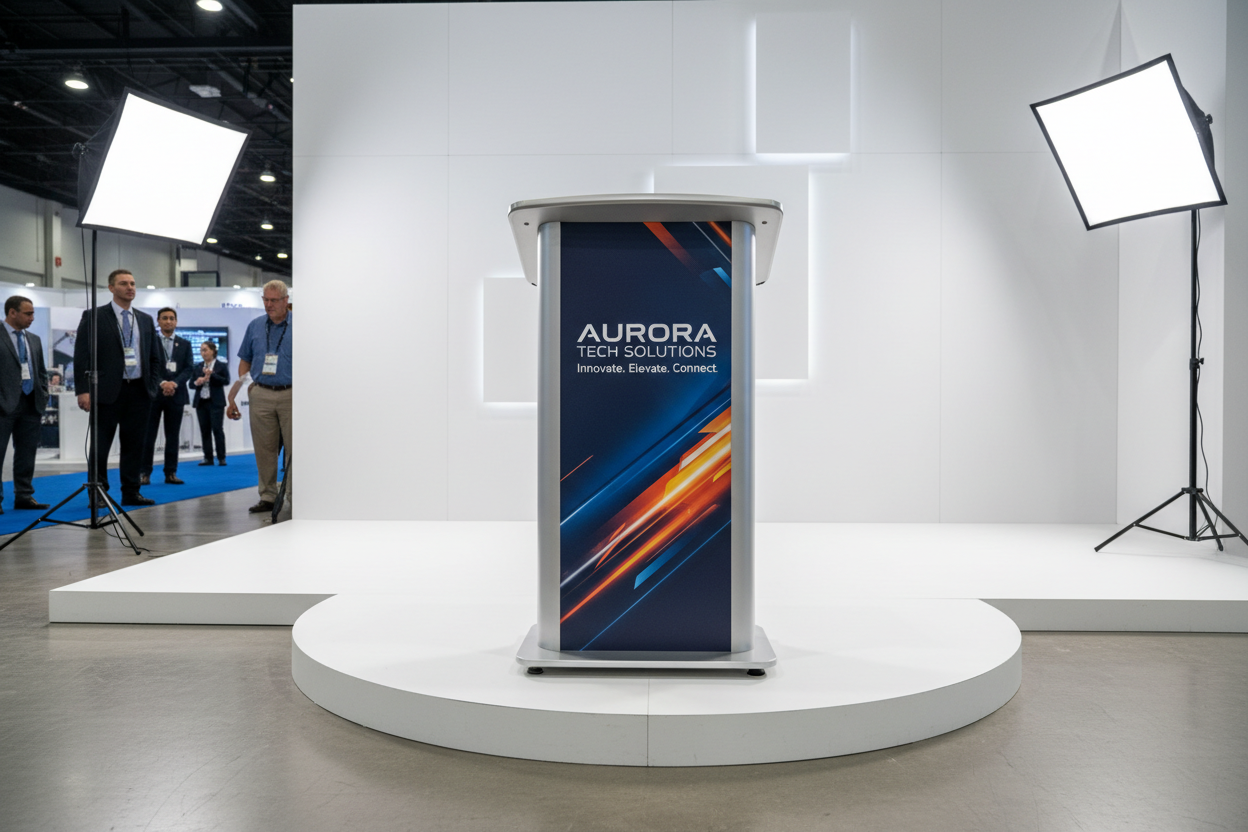 Custom branded podium at trade show with bold full color graphic wrap showing professional brand logo and design