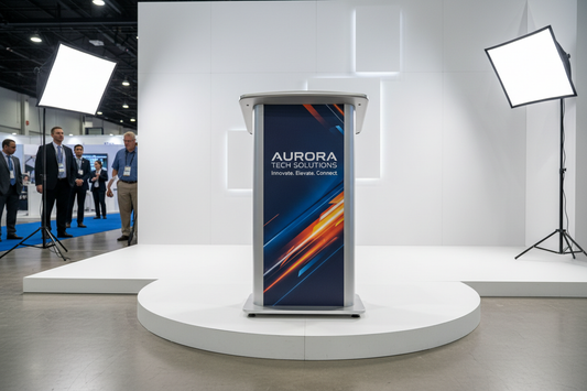 Custom branded podium at trade show with bold full color graphic wrap showing professional brand logo and design
