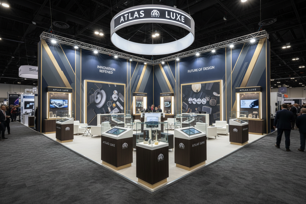 Massive 20x20 island trade show booth with fabric backdrop walls overhead signage multiple display stations LED lighting and branded furniture