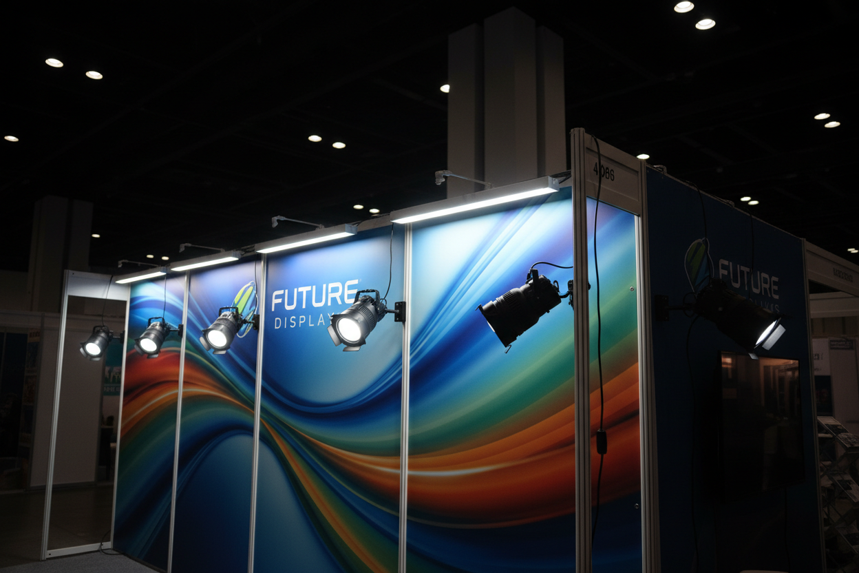 LED trade show display lights illuminating booth backdrop with light bars and spotlights mounted on display frames in dark exhibition hall